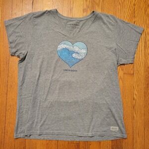 Life Is Good Gray Short Sleeve Tee with Blue Heart Wave Graphic